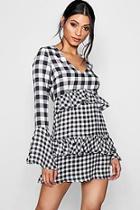 Boohoo Danielle Gingham Mix Ruffle Detail Tea Dress