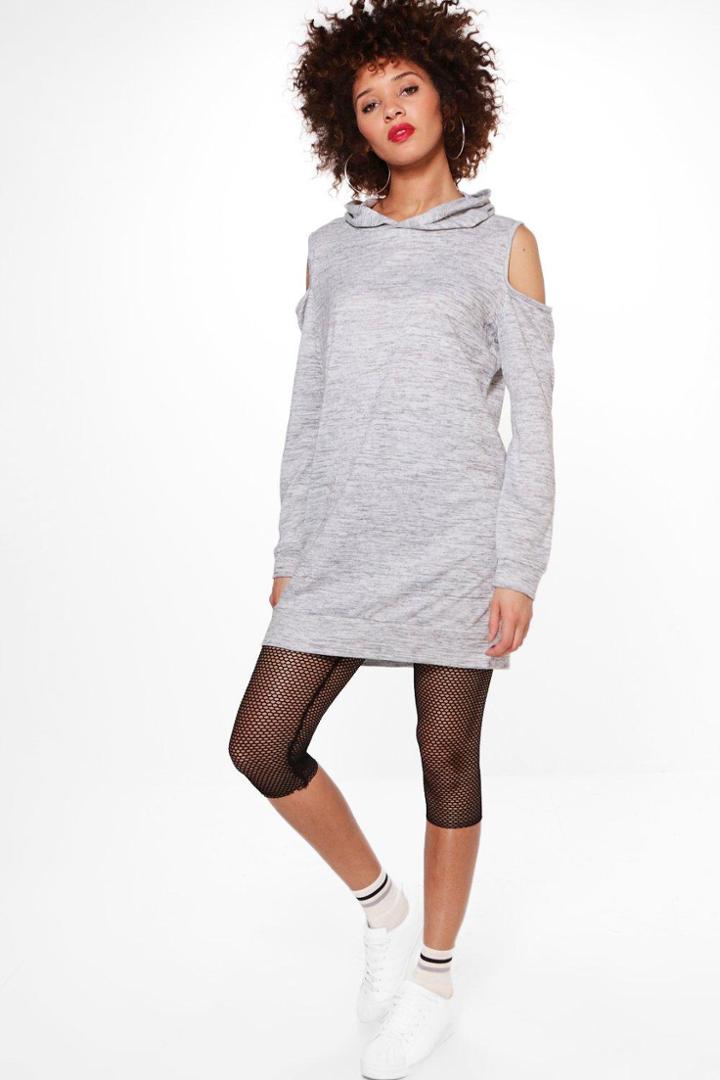 Boohoo Kelly Cold Shoulder Knitted Hoodie Grey