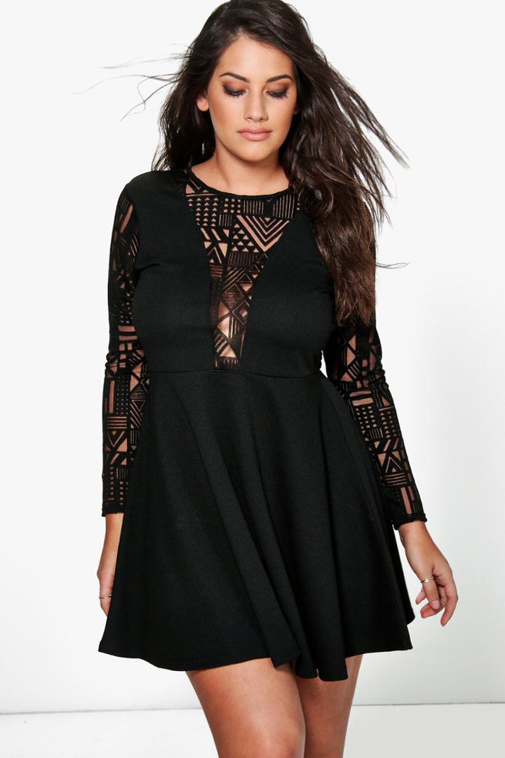 Boohoo Plus Elisa Lace Sleeve Skater Dress Black