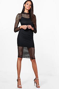 Boohoo Hanna Fish Neck Mesh High Neck Midi Dress