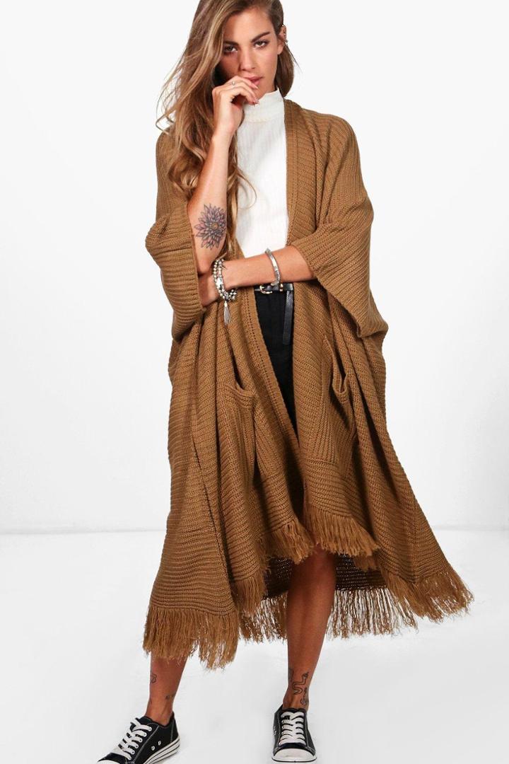 Boohoo Karina Tassel Hem Cape Cardigan Camel