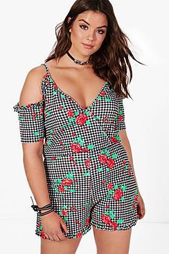 Boohoo Plus Ellie Gingham Floral Print Playsuit