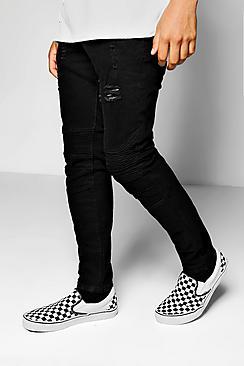 Boohoo Distressed Skinny Fit Biker Jeans With Pocket Zip