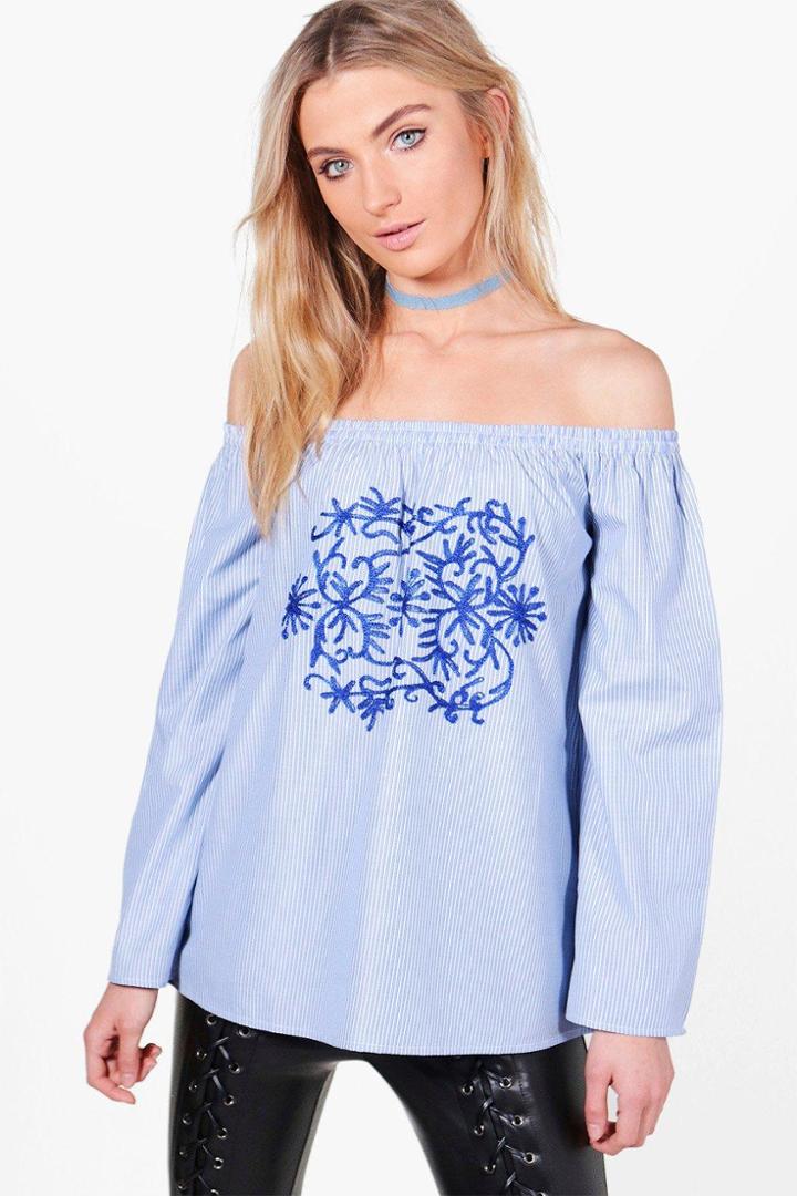 Boohoo Mia Stripe & Embroidered Woven Off The Shoulder Top Multi