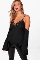 Boohoo Cold Shoulder Lace Insert Flare Sleeve Top