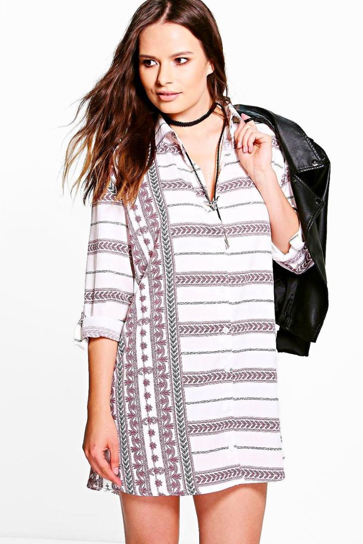 Boohoo Reema Printed Stripe Shirt Dress White