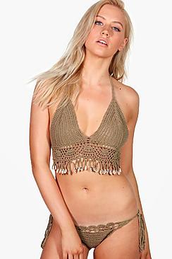 Boohoo Majorca Boutique Crochet Shell Trim Crop Bikini