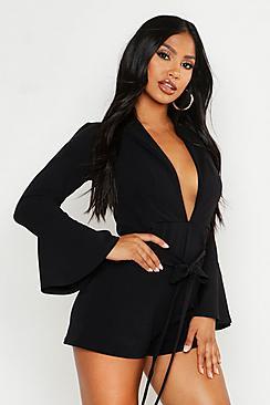 Boohoo Plunge Belted Flare Sleeve Playsuit
