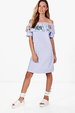 Boohoo Natalie Embroidered Off Shoulder Shift Dress