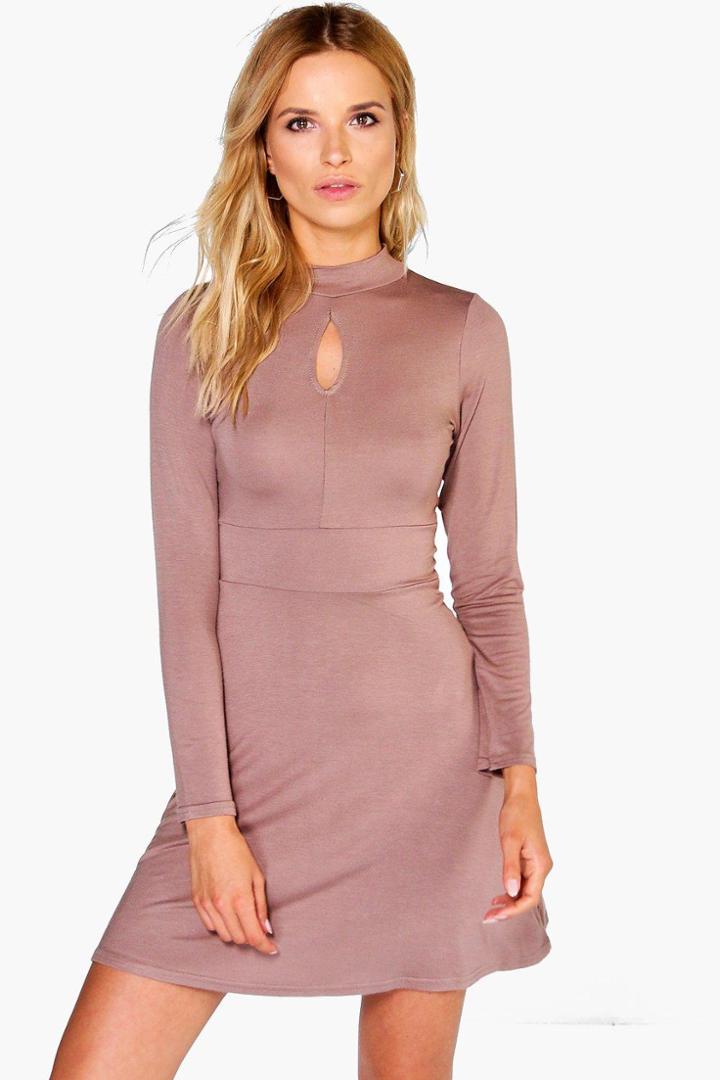Boohoo Evelyn Cut Out Skater Dress Mocha