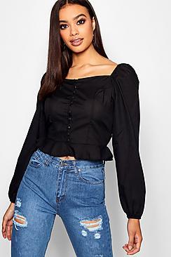 Boohoo Puff Sleeve Button Down Blouse