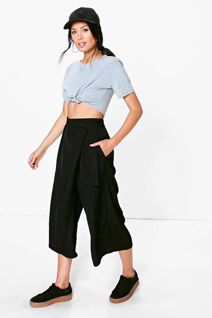 Boohoo Nairi Tie Waist Woven Tailored Culottes Black