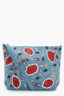Boohoo Louise Denim Embroidery Cross Body Bag