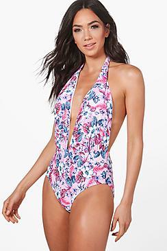 Boohoo Dubai Digital Floral Plunge Swimsuit