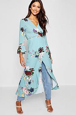 Boohoo Satin Floral Maxi Ruffle Kimono