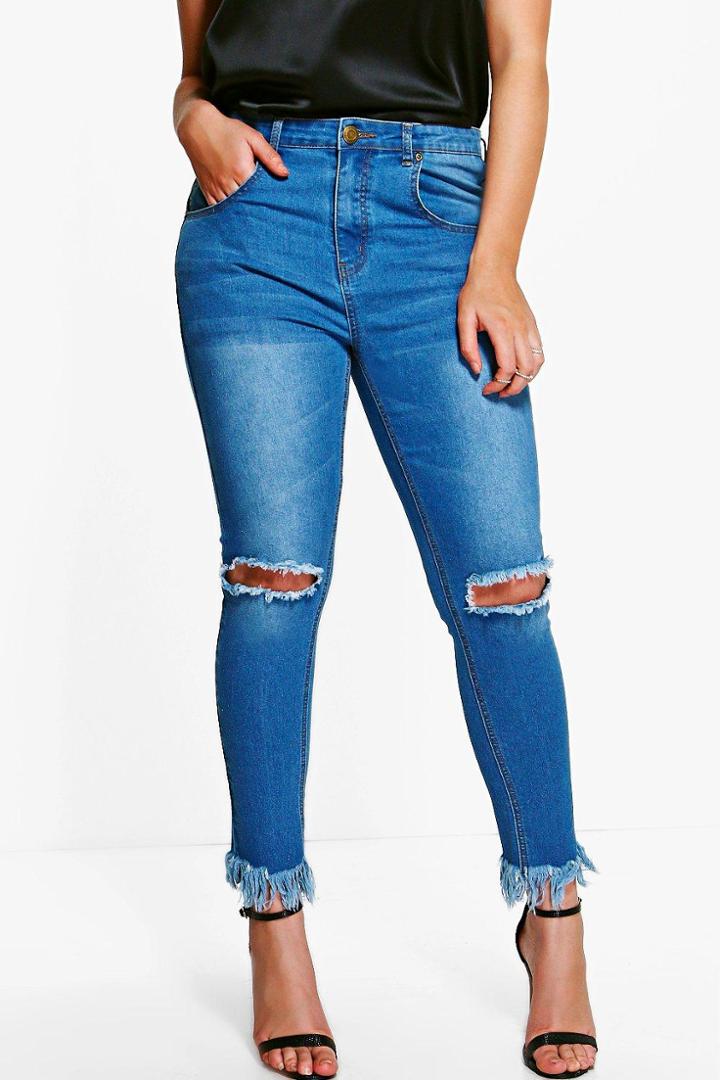 Boohoo Plus Faye Rip Knee Fray Hem Skinny Jean Blue