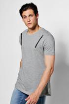 Boohoo Longline T Shirt With Zips And Curve Hem Grey
