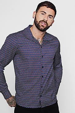 Boohoo Geo Print Long Sleeve Revere Shirt