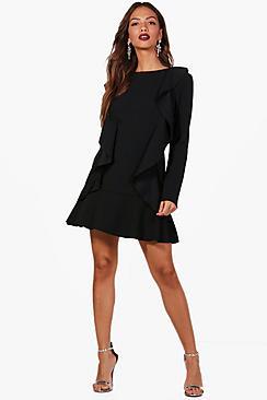 Boohoo Ruffle Hem And Front Long Sleeve Dress
