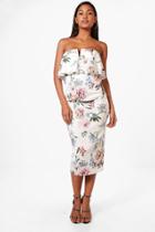 Boohoo Luna Floral Print Frill Bandeau Midi Dress Ivory