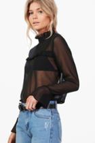 Boohoo Petite Keely Frill Detail High Neck Woven Blouse Black