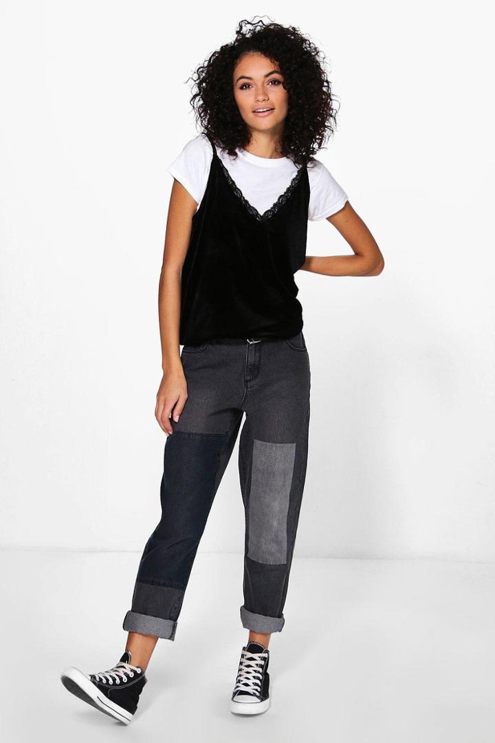 Boohoo Alice Patchwork Boyfriend Jeans Charcoal