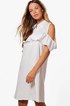 Boohoo Abi Ruffle Could Shoulder Shirt Dress