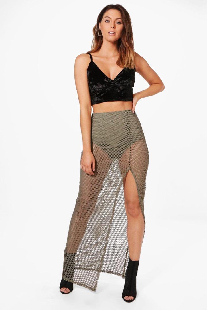 Boohoo Kimana Thigh Split Mesh Maxi Skirt Khaki