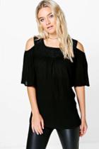 Boohoo Lara Embroidered Neck Trim Cold Shoulder Top Black