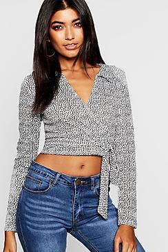 Boohoo Wrap Mixed Print Spot Top