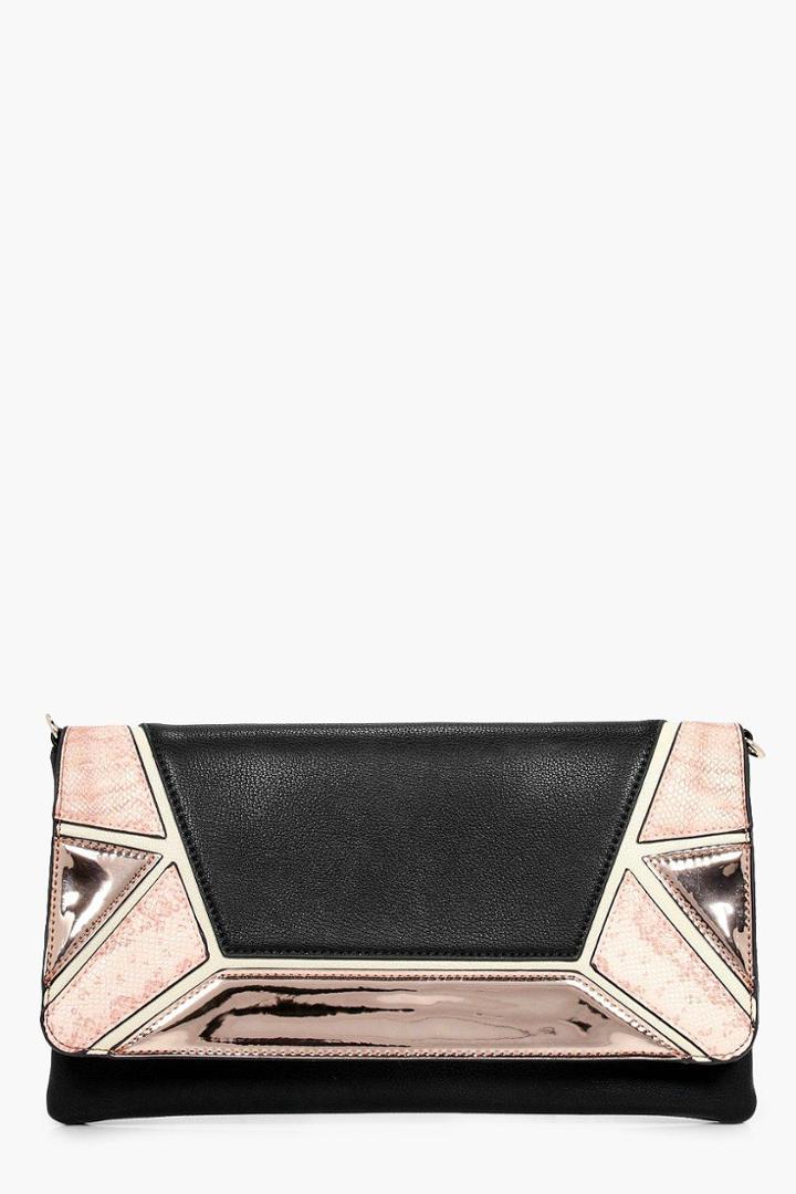 Boohoo Tia Colourblock Metallic Clutch Bag Black
