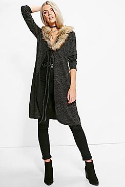 Boohoo Sadie Faux Fur Trim Belted Longline Cardigan