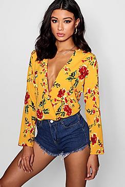Boohoo Maya Yellow Floral Wrap Plunge Blouse