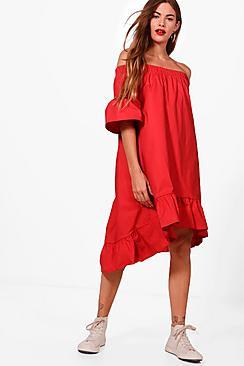 Boohoo Molly Woven Ruffle Hem Off Shoulder Dress
