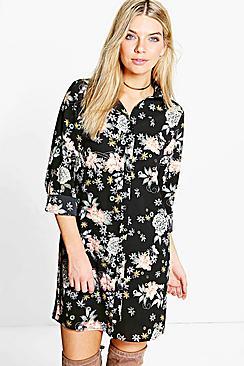 Boohoo Khloe Floral Oriental Split Sleeve Shirt Dress