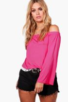 Boohoo Plus Jodie Off The Shoulder Pom Pom Trim Top Cerise