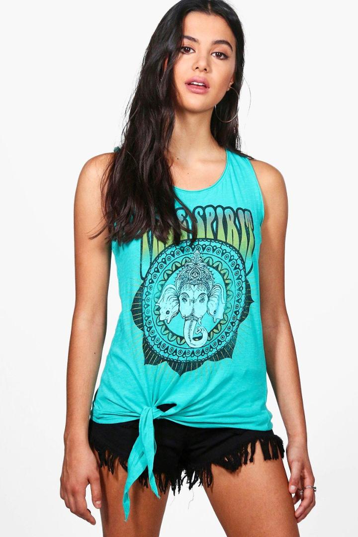 Boohoo Rachel Free Spirit Knot Front Tee Green