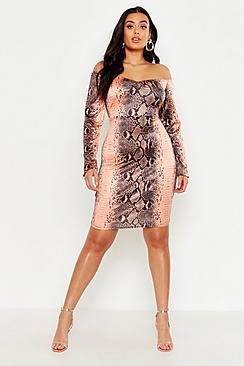 Boohoo Plus Snake Print Off The Shoulder Bodycon Dress