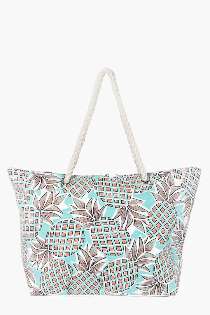 Boohoo Mae Pineapple Print Beach Bag Turquoise
