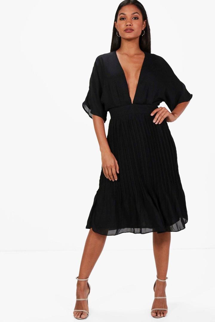 Boohoo Jeanie Kimono Pleated Skirt Midi Dress Black