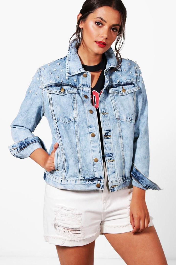 Boohoo Plus Caitlin Oversized Pearl Jean Jacket Blue