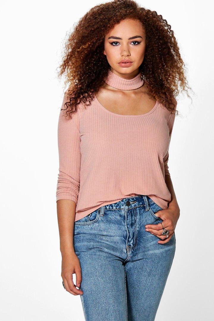 Boohoo Plus Addy Choker Neck Detail Rib Top Rose