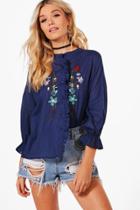 Boohoo Maisie Embroidered Ruffle Shirt Navy