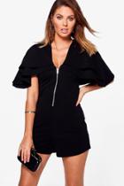 Boohoo Nida Shoulder Cape Deep Plunge Playsuit Black