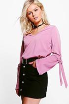 Boohoo Zoe Tie Detail Sleeve Fine Knit Jumper