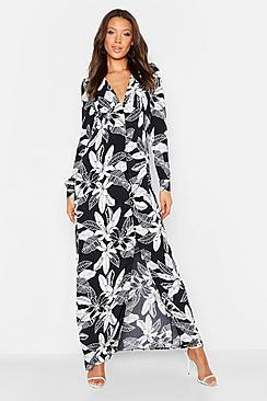 Boohoo Tall Leaf Print Button Through Maxi Dress