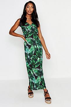 Boohoo Strappy Frill Detail Palm Print Maxi Dress