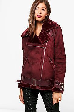 Boohoo Boutique Faux Fur Trim Aviator With Belt