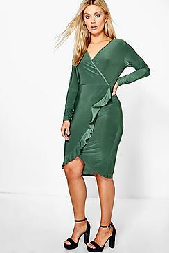 Boohoo Plus Nadia Ruffle Detail Wrap Front Dress