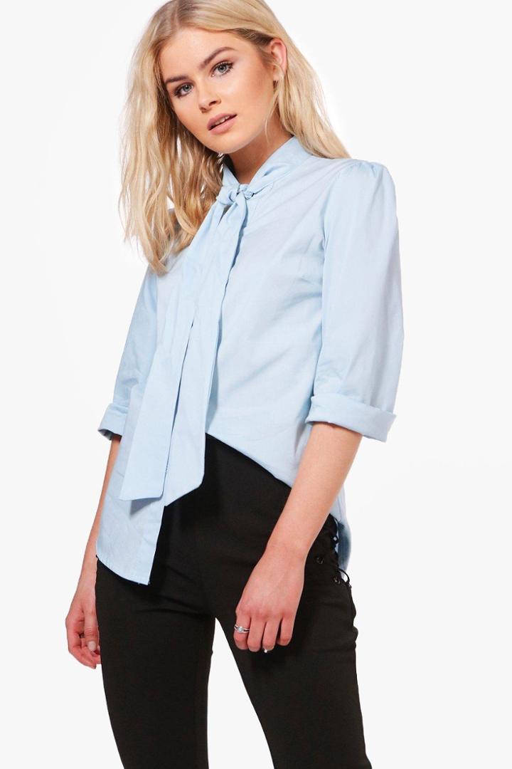 Boohoo Keira Tie Neck Shirt Blue